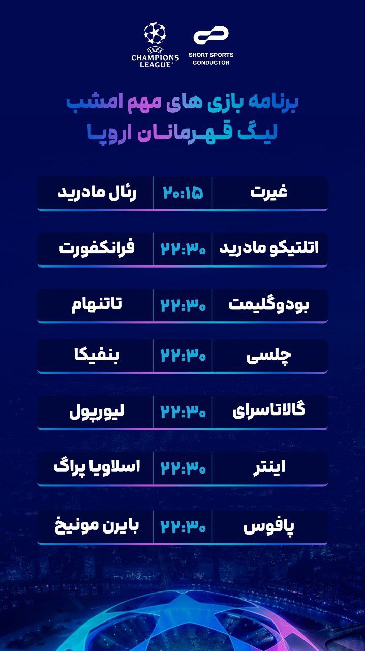 برنامه بازهای مهم امشب لیگ قهرمانان اروپا 